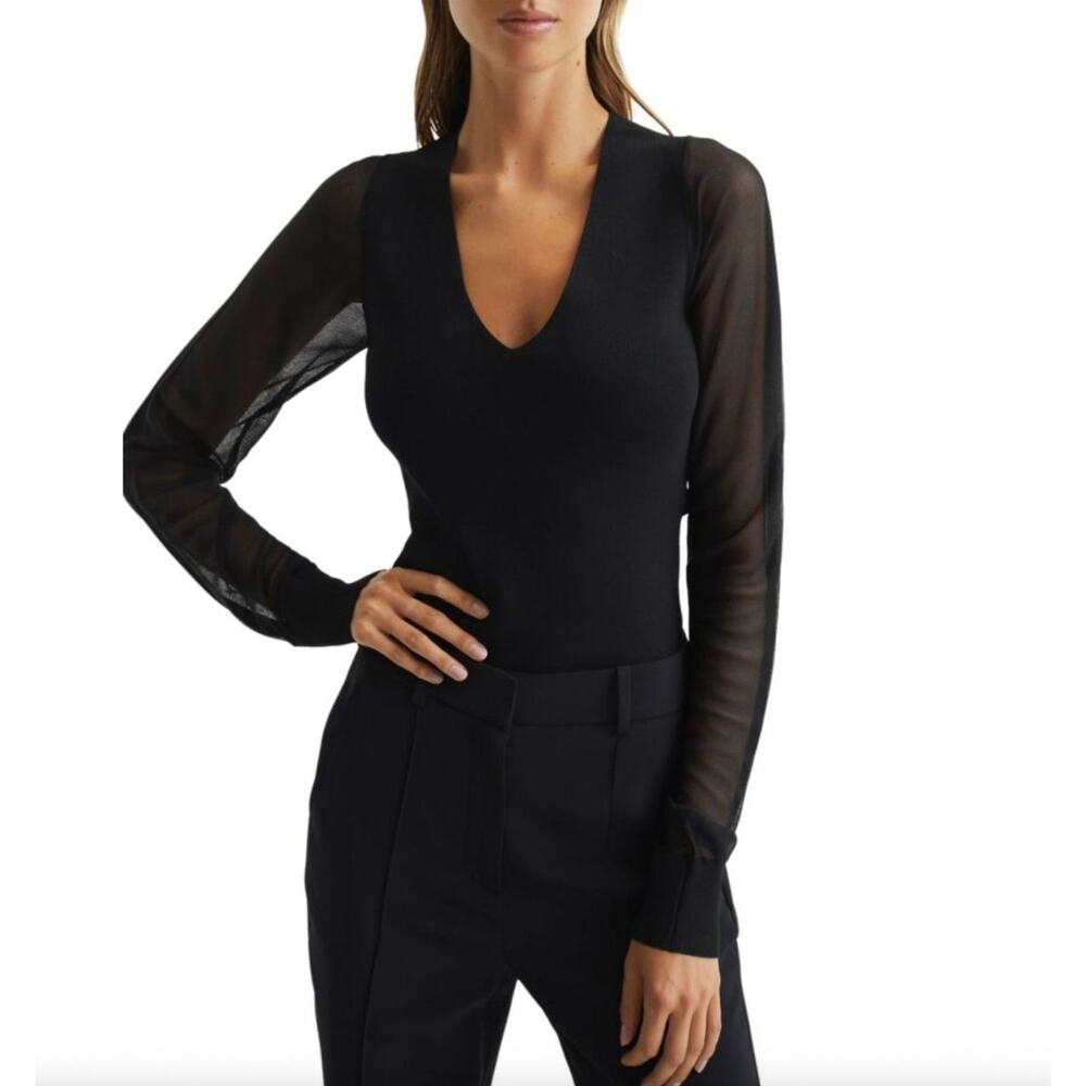Reiss Sophie Sheer Sleeve Knit Top Black V-Neck Medium